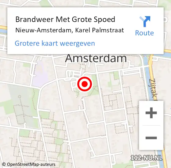 Locatie op kaart van de 112 melding: Brandweer Met Grote Spoed Naar Nieuw-Amsterdam, Karel Palmstraat op 10 oktober 2022 14:52