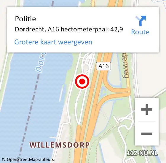 Locatie op kaart van de 112 melding: Politie Dordrecht, A16 hectometerpaal: 42,9 op 10 oktober 2022 15:17