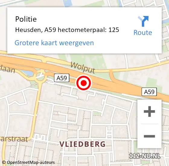 Locatie op kaart van de 112 melding: Politie Heusden, A59 hectometerpaal: 125 op 10 oktober 2022 15:51