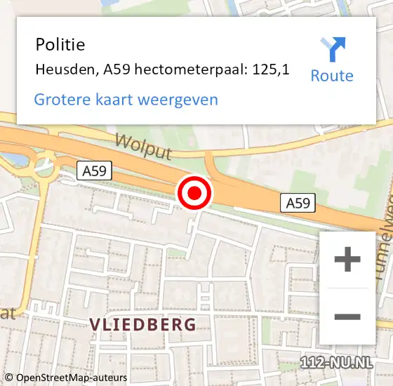 Locatie op kaart van de 112 melding: Politie Heusden, A59 hectometerpaal: 125,1 op 10 oktober 2022 15:58