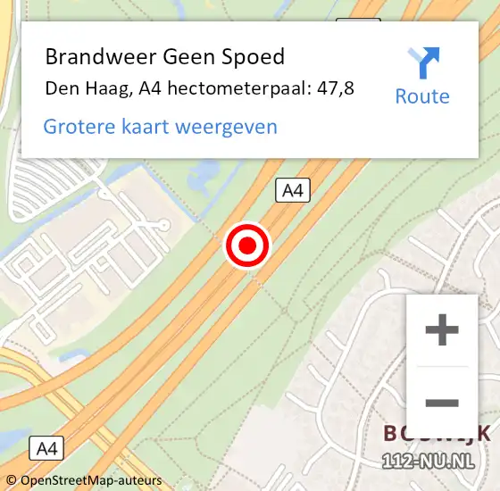 Locatie op kaart van de 112 melding: Brandweer Geen Spoed Naar Den Haag, A4 hectometerpaal: 47,8 op 10 oktober 2022 16:12