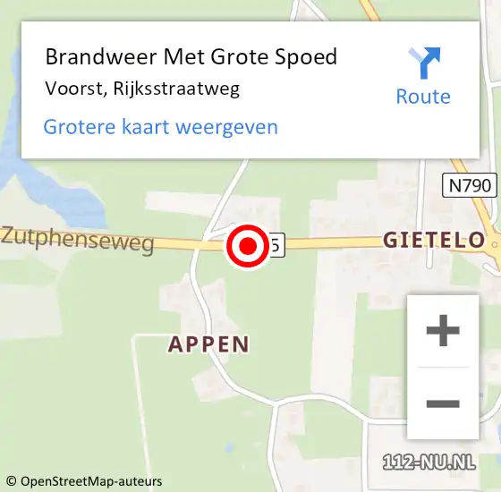 Locatie op kaart van de 112 melding: Brandweer Met Grote Spoed Naar Voorst, Rijksstraatweg op 1 augustus 2014 04:37