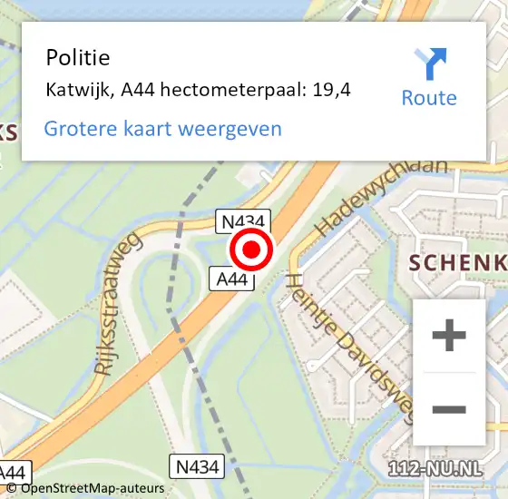 Locatie op kaart van de 112 melding: Politie Katwijk, A44 hectometerpaal: 19,4 op 10 oktober 2022 20:40