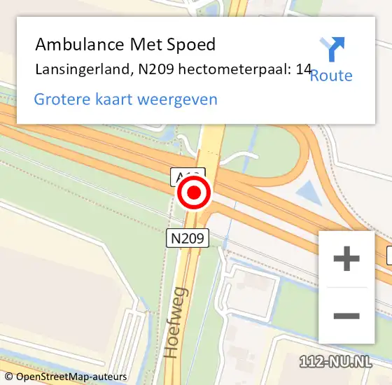 Locatie op kaart van de 112 melding: Ambulance Met Spoed Naar Lansingerland, N209 hectometerpaal: 14 op 10 oktober 2022 22:05