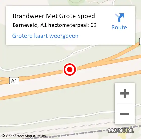 Locatie op kaart van de 112 melding: Brandweer Met Grote Spoed Naar Barneveld, A1 hectometerpaal: 69 op 11 oktober 2022 05:48