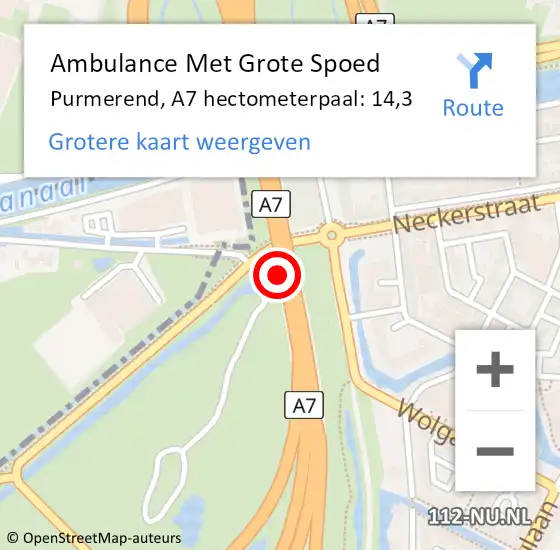 Locatie op kaart van de 112 melding: Ambulance Met Grote Spoed Naar Purmerend, A7 hectometerpaal: 14,3 op 11 oktober 2022 06:28