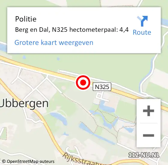 Locatie op kaart van de 112 melding: Politie Berg en Dal, N325 hectometerpaal: 4,4 op 11 oktober 2022 06:55