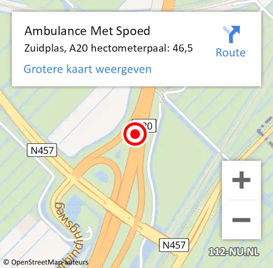 Locatie op kaart van de 112 melding: Ambulance Met Spoed Naar Zuidplas, A20 hectometerpaal: 46,5 op 11 oktober 2022 07:05