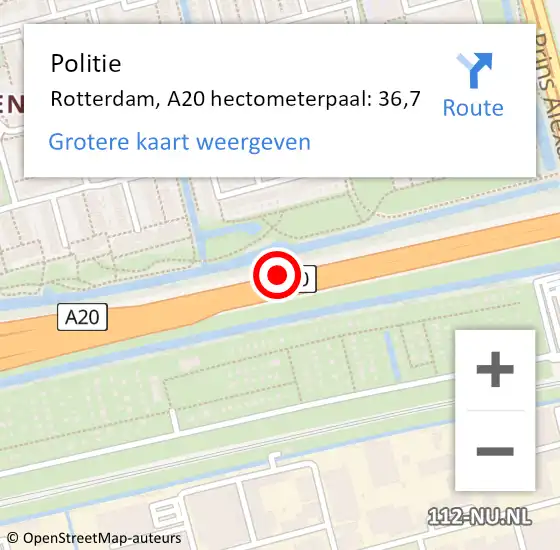 Locatie op kaart van de 112 melding: Politie Rotterdam, A20 hectometerpaal: 36,7 op 11 oktober 2022 07:42