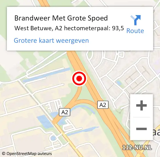 Locatie op kaart van de 112 melding: Brandweer Met Grote Spoed Naar West Betuwe, A2 hectometerpaal: 93,5 op 11 oktober 2022 07:47