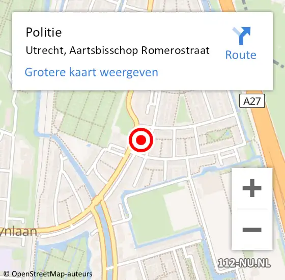 Locatie op kaart van de 112 melding: Politie Utrecht, Aartsbisschop Romerostraat op 11 oktober 2022 08:18