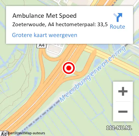 Locatie op kaart van de 112 melding: Ambulance Met Spoed Naar Zoeterwoude, A4 hectometerpaal: 33,5 op 11 oktober 2022 09:17
