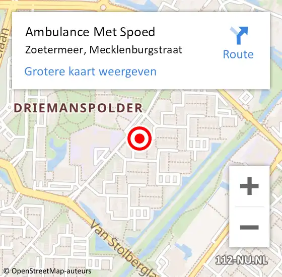 Locatie op kaart van de 112 melding: Ambulance Met Spoed Naar Zoetermeer, Mecklenburgstraat op 11 oktober 2022 10:33