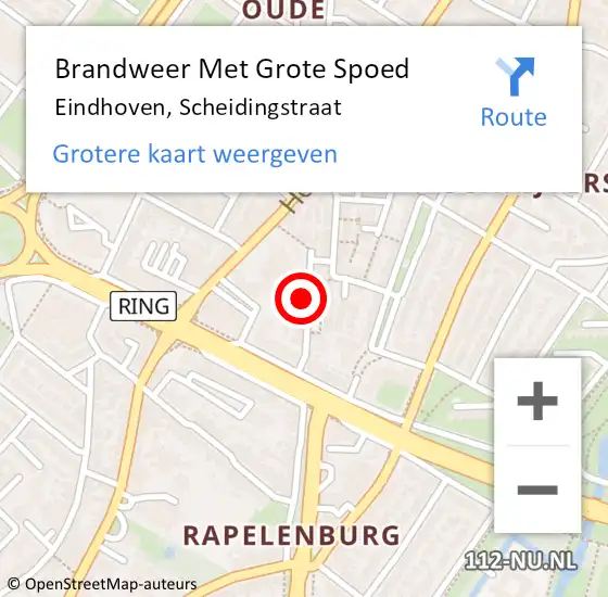 Locatie op kaart van de 112 melding: Brandweer Met Grote Spoed Naar Eindhoven, Scheidingstraat op 11 oktober 2022 12:46