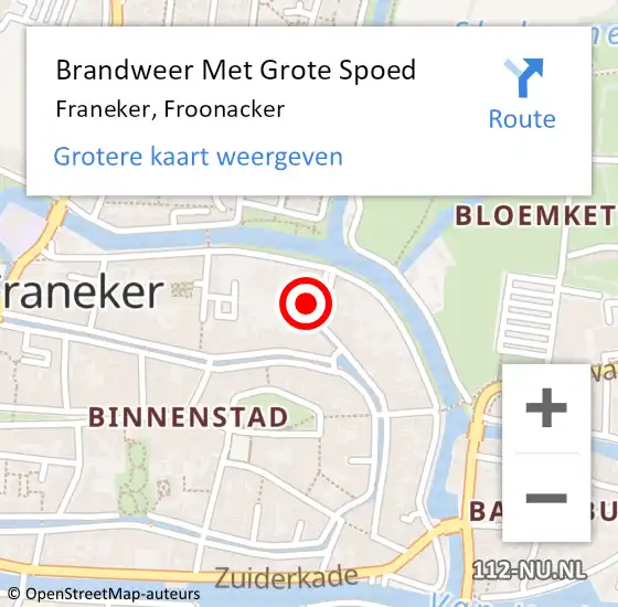 Locatie op kaart van de 112 melding: Brandweer Met Grote Spoed Naar Franeker, Froonacker op 11 oktober 2022 13:09