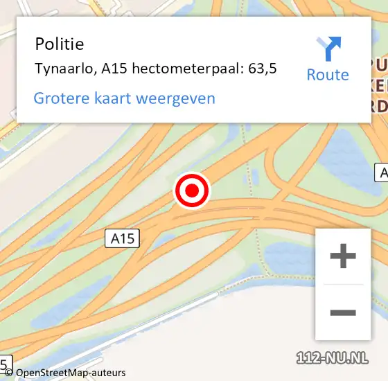 Locatie op kaart van de 112 melding: Politie Tynaarlo, A15 hectometerpaal: 63,5 op 11 oktober 2022 16:17