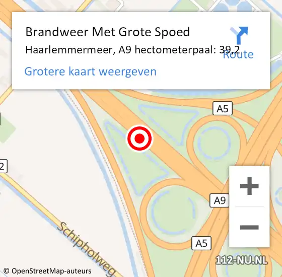 Locatie op kaart van de 112 melding: Brandweer Met Grote Spoed Naar Haarlemmermeer, A9 hectometerpaal: 39,2 op 11 oktober 2022 17:38