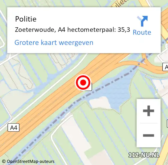 Locatie op kaart van de 112 melding: Politie Zoeterwoude, A4 hectometerpaal: 35,3 op 11 oktober 2022 18:02
