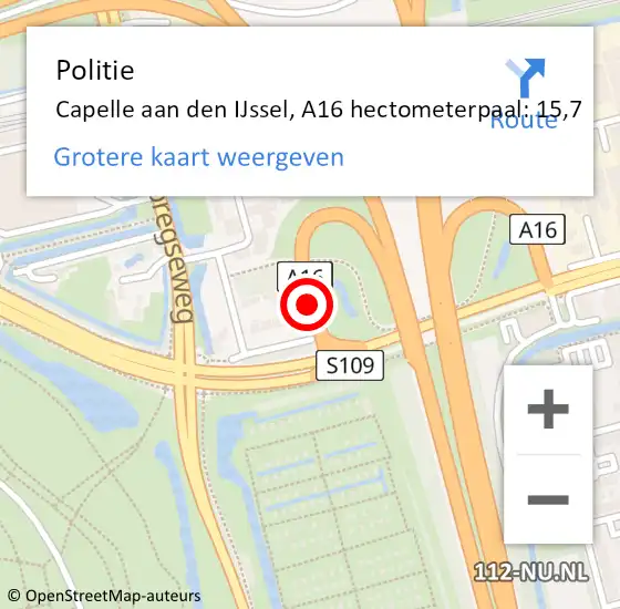 Locatie op kaart van de 112 melding: Politie Rotterdam, A16 hectometerpaal: 15,7 op 11 oktober 2022 21:07