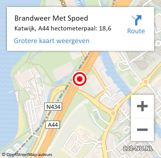 Locatie op kaart van de 112 melding: Brandweer Met Spoed Naar Katwijk, A44 hectometerpaal: 18,6 op 11 oktober 2022 22:03
