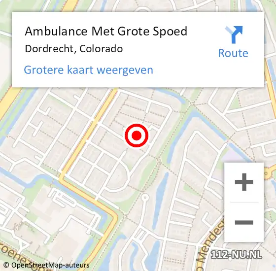 Locatie op kaart van de 112 melding: Ambulance Met Grote Spoed Naar Dordrecht, Colorado op 11 oktober 2022 23:02