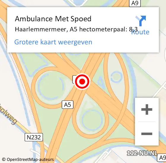 Locatie op kaart van de 112 melding: Ambulance Met Spoed Naar Haarlemmermeer, A5 hectometerpaal: 8,3 op 12 oktober 2022 06:05