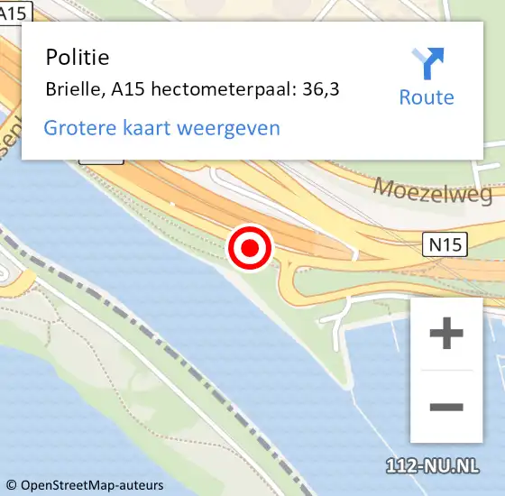 Locatie op kaart van de 112 melding: Politie Brielle, A15 hectometerpaal: 36,3 op 12 oktober 2022 06:54