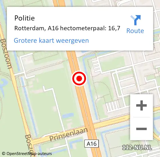Locatie op kaart van de 112 melding: Politie Rotterdam, A16 hectometerpaal: 16,7 op 12 oktober 2022 07:02