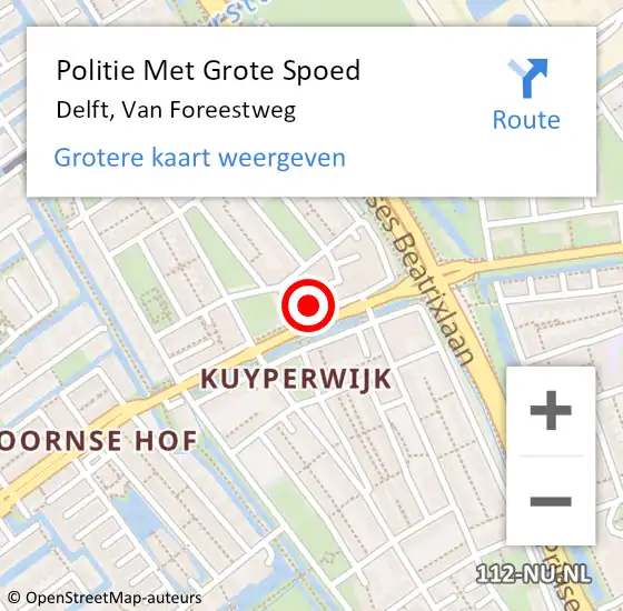 Locatie op kaart van de 112 melding: Politie Met Grote Spoed Naar Delft, Van Foreestweg op 12 oktober 2022 07:53