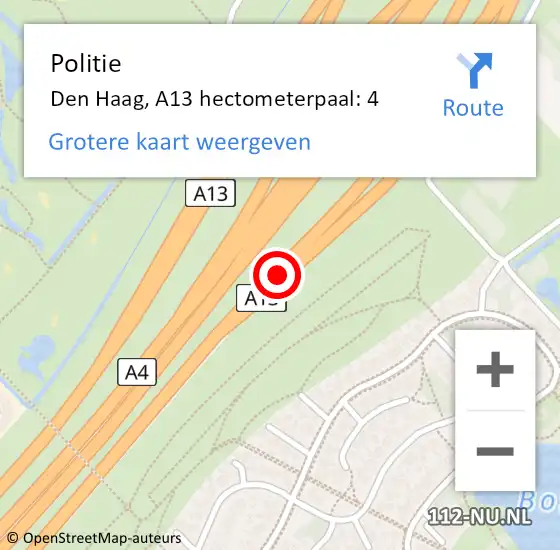 Locatie op kaart van de 112 melding: Politie Den Haag, A13 hectometerpaal: 4 op 12 oktober 2022 08:03