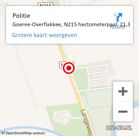 Locatie op kaart van de 112 melding: Politie Goeree-Overflakkee, N215 hectometerpaal: 21,3 op 12 oktober 2022 11:04