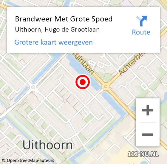 Locatie op kaart van de 112 melding: Brandweer Met Grote Spoed Naar Uithoorn, Hugo de Grootlaan op 12 oktober 2022 11:52