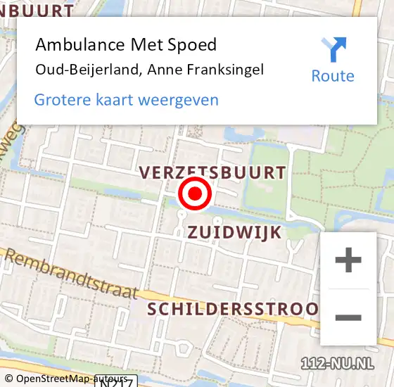 Locatie op kaart van de 112 melding: Ambulance Met Spoed Naar Oud-Beijerland, Anne Franksingel op 12 oktober 2022 12:36