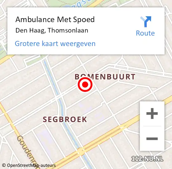 Locatie op kaart van de 112 melding: Ambulance Met Spoed Naar Den Haag, Thomsonlaan op 12 oktober 2022 14:20