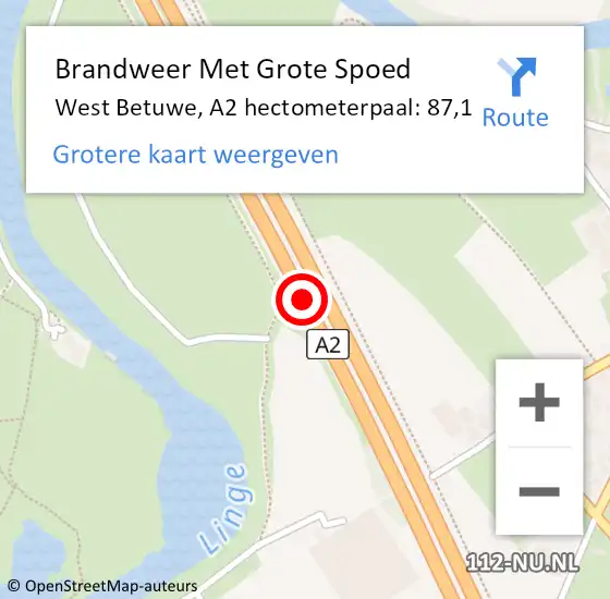 Locatie op kaart van de 112 melding: Brandweer Met Grote Spoed Naar West Betuwe, A2 hectometerpaal: 87,1 op 12 oktober 2022 15:40