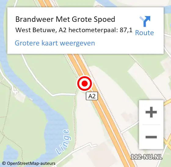 Locatie op kaart van de 112 melding: Brandweer Met Grote Spoed Naar West Betuwe, A2 hectometerpaal: 87,1 op 12 oktober 2022 15:42