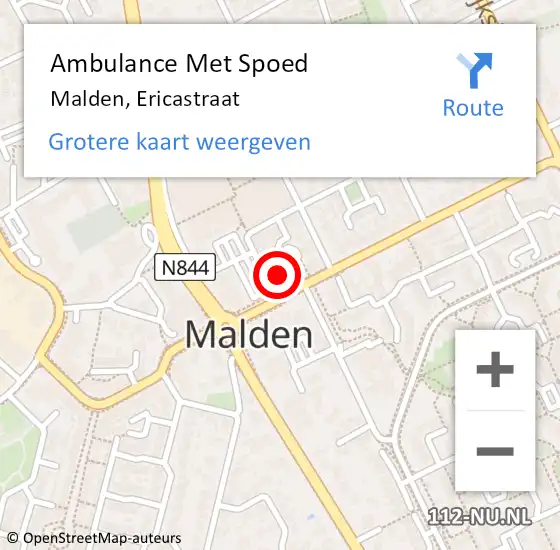 Locatie op kaart van de 112 melding: Ambulance Met Spoed Naar Malden, Ericastraat op 12 oktober 2022 17:08