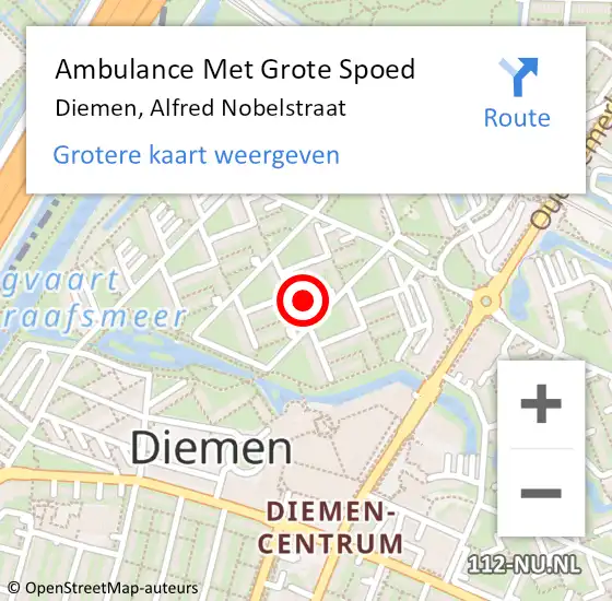 Locatie op kaart van de 112 melding: Ambulance Met Grote Spoed Naar Diemen, Alfred Nobelstraat op 12 oktober 2022 17:08