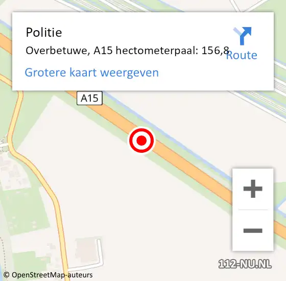 Locatie op kaart van de 112 melding: Politie Overbetuwe, A15 hectometerpaal: 156,8 op 12 oktober 2022 17:14