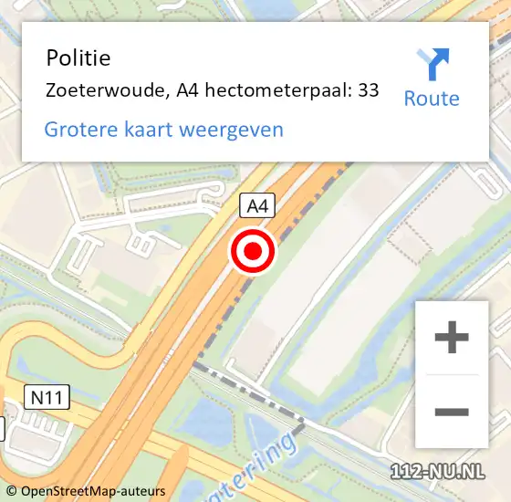 Locatie op kaart van de 112 melding: Politie Zoeterwoude, A4 hectometerpaal: 33 op 12 oktober 2022 18:45