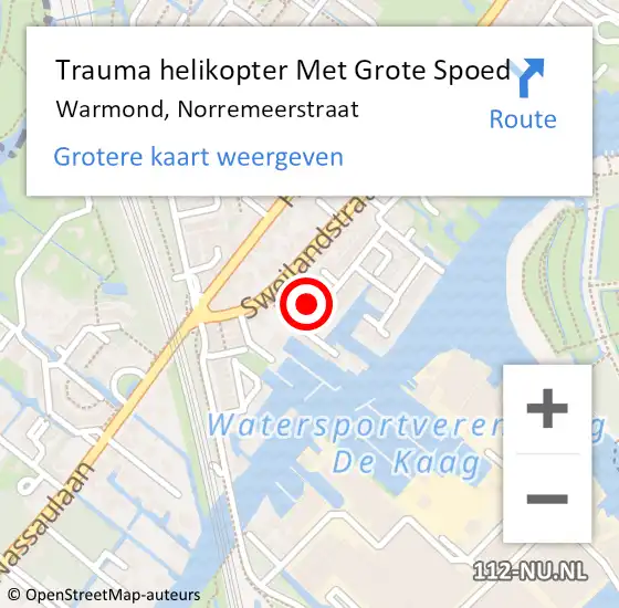 Locatie op kaart van de 112 melding: Trauma helikopter Met Grote Spoed Naar Warmond, Norremeerstraat op 12 oktober 2022 19:08