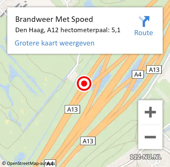 Locatie op kaart van de 112 melding: Brandweer Met Spoed Naar Den Haag, A12 hectometerpaal: 5,1 op 12 oktober 2022 20:13