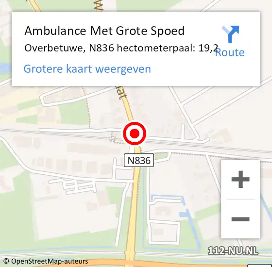 Locatie op kaart van de 112 melding: Ambulance Met Grote Spoed Naar Overbetuwe, N836 hectometerpaal: 19,2 op 12 oktober 2022 20:48