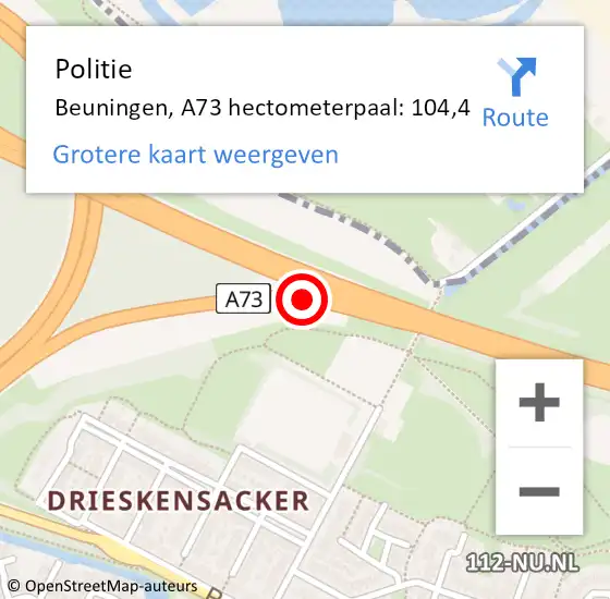 Locatie op kaart van de 112 melding: Politie Beuningen, A73 hectometerpaal: 104,4 op 12 oktober 2022 21:16