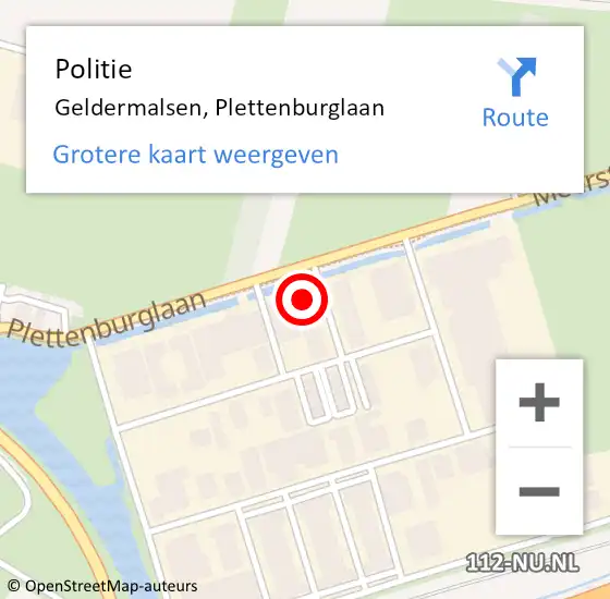 Locatie op kaart van de 112 melding: Politie Geldermalsen, Plettenburglaan op 12 oktober 2022 21:46