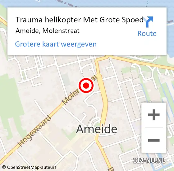 Locatie op kaart van de 112 melding: Trauma helikopter Met Grote Spoed Naar Ameide, Molenstraat op 13 oktober 2022 02:06