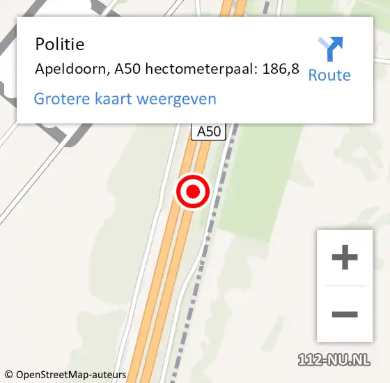 Locatie op kaart van de 112 melding: Politie Apeldoorn, A50 hectometerpaal: 186,8 op 13 oktober 2022 07:00