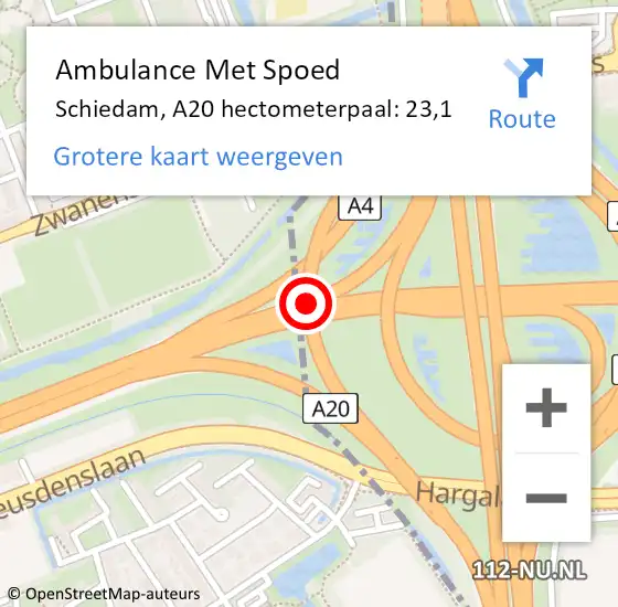 Locatie op kaart van de 112 melding: Ambulance Met Spoed Naar Schiedam, A20 hectometerpaal: 23,1 op 13 oktober 2022 07:04