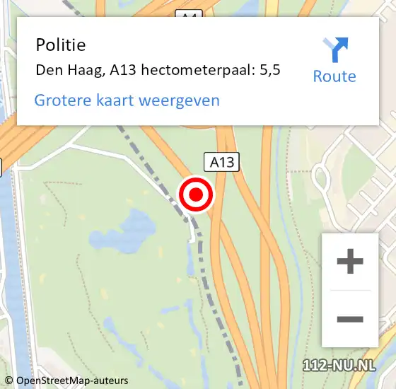 Locatie op kaart van de 112 melding: Politie Den Haag, A13 hectometerpaal: 5,5 op 13 oktober 2022 07:18