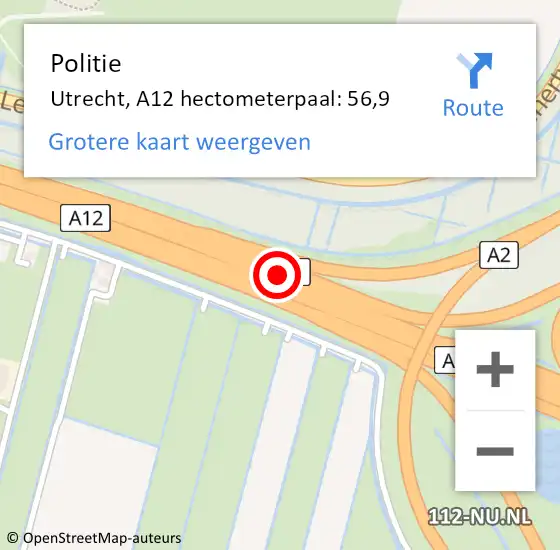 Locatie op kaart van de 112 melding: Politie Utrecht, A12 hectometerpaal: 56,9 op 13 oktober 2022 07:39